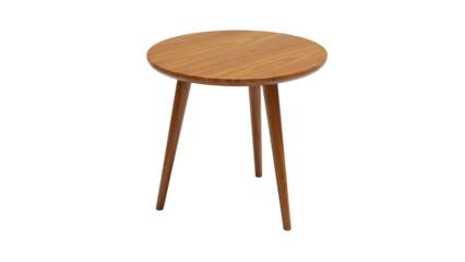 Wooden, round side table with three angled legs, set against a black background