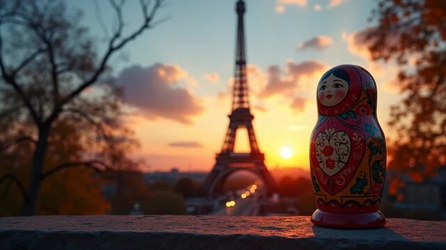 Matryoshka doll boxing French Eiffel Tower silhouette at dusk
