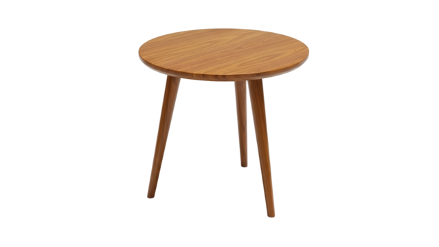 Wooden, round side table with three angled legs, set against a black background