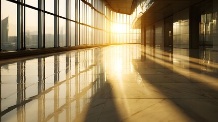 Sunlight streaming through large windows in a modern empty office building corridor at sunset.