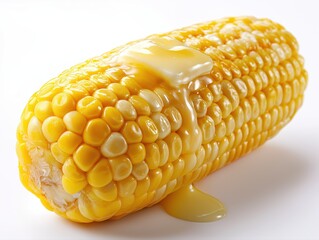 Corn on the cob with melting butter on white background