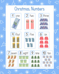 Christmas gifts number flashcards, educational worksheet illustration for nursery, kindergarten, pre-school leisure activity, teachers' resources, printable holiday classroom or home activity template