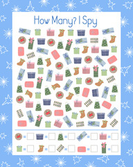 I spy, How many Christmas gifts counting educational game for kids with winter elements, vector illustration educational puzzle, printable worksheet for kids, leisure or study game, teachers resources