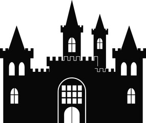 Black and white vector silhouette of a medieval fairy tale castle with tall towers and gate, isolated on a white background.
