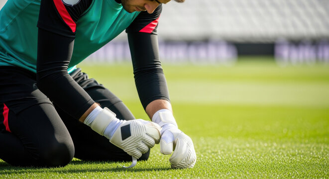 A soccer goalkeeper kneeling on a grass field adjusts his gloves. Close-up of an athlete preparing for a game in a stadium. Professional sports concept with copy space