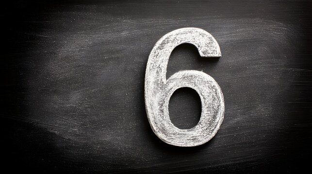 The number six written in white chalk on a dark textured blackboard background.