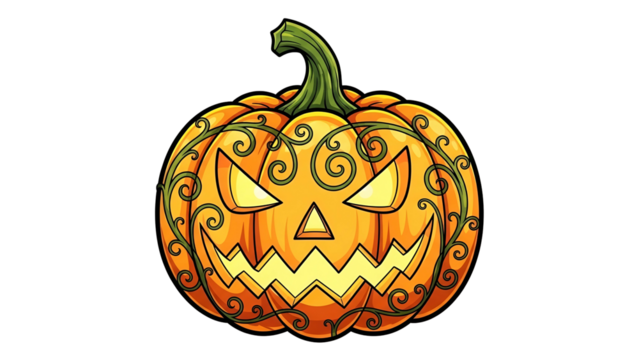A stylized, grinning pumpkin with intricate vine-like designs, a Halloween staple, on black