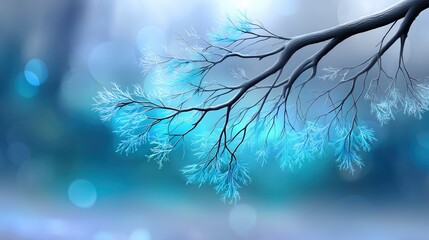 Glowing Winter Branches with Ethereal Blue Bokeh Lights