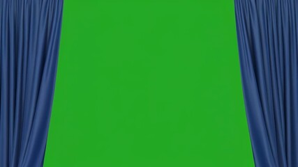 Open pair of navy blue curtains revealing a vibrant green screen backdrop in a studio setting