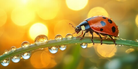 Naklejka premium Close-Up of a Vibrant Ladybug on Raindrop-Covered Grass in the Morning Sunlight with Dew Drops