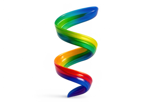 Abstract rainbow spiral ribbon creating a vibrant twisted 3d shape, showing colorful dynamic movement and liquid flow