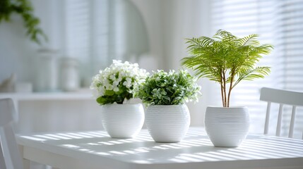 Three potted plants on a white table with natural light.