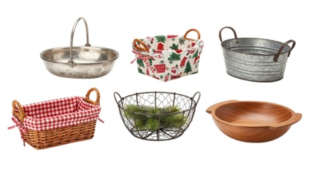 Assorted decorative containers metal, fabric, wicker, wire, and wood baskets and bowls for home, isolated on transparent background