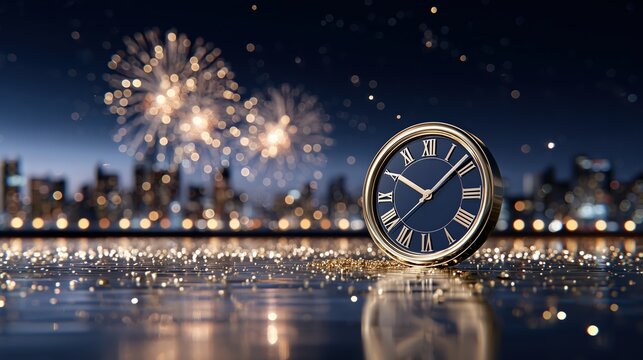 New Year Eve countdown clock with festive fireworks and sparkling city lights