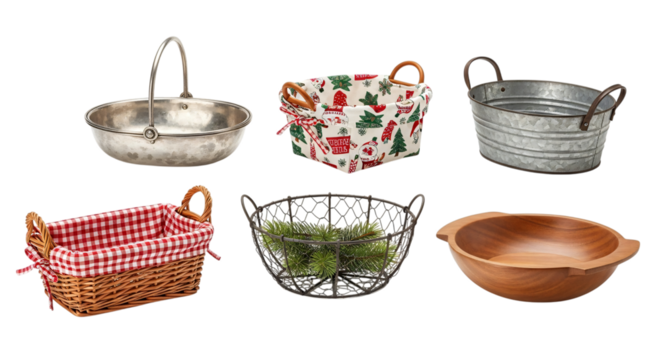 Assorted decorative containers metal, fabric, wicker, wire, and wood baskets and bowls for home, isolated on transparent background