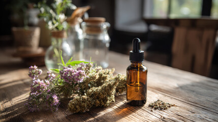Dried cannabis flower and hemp buds with amber dropper bottle of CBD oil, herbal sprigs and seeds on rustic wooden table in soft natural light, cozy wellness scene