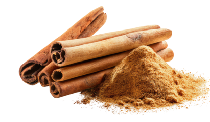 Dried cinnamon sticks and powder, a warm spice