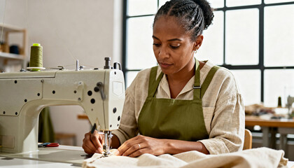 A focused black seamstress working on an industrial sewing machine in her workshop. Female fashion designer crafting clothing. Small business and handmade craftsmanship concept