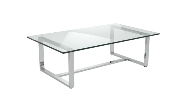 A modern rectangular glass-topped coffee table with metallic legs, isolated on black