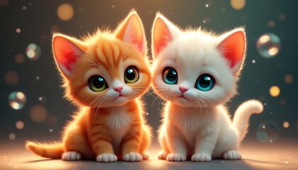 Two fluffy cartoon kittens sit close together. An orange tabby cat with green eyes and white cat with blue eyes gaze forward. Bokeh lights add magic.
