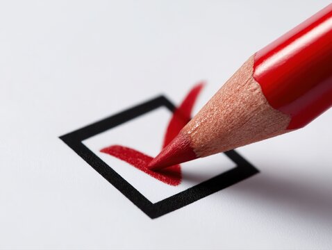 Red pencil marking check box, completing agreement or survey