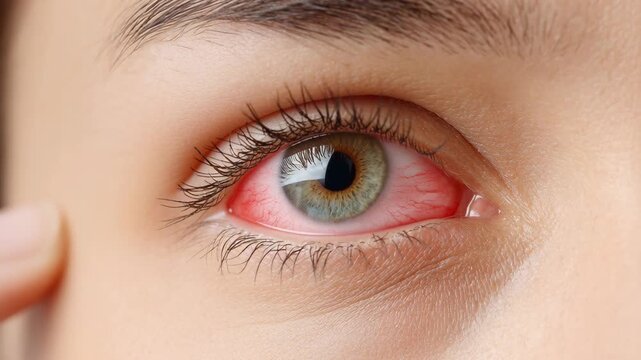 Close-up of a person's extremely red and irritated eye, with a finger gently pulling down the lower eyelid, showing symptoms of inflammation or infection.