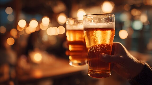 Two glasses of beer clinking in a dimly lit bar with bokeh lights in the background. - Powered by Adobe