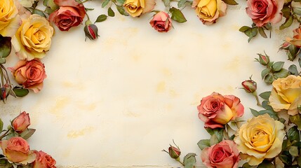 Antique style border arrangement features numerous blooms and buds framing a central copy space