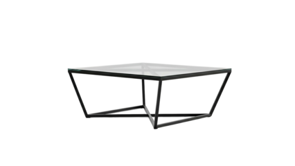 Geometric, contemporary coffee table with a glass top and a dark, angular base