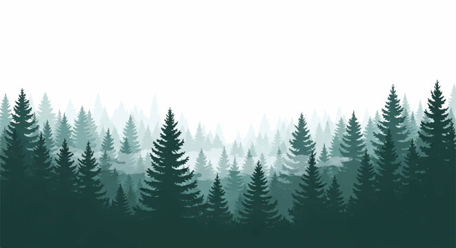 Flat 2D vector illustration of a layered forest landscape scene showing dense, foggy silhouettes of pine and spruce evergreen conifer trees isolated on a white background.