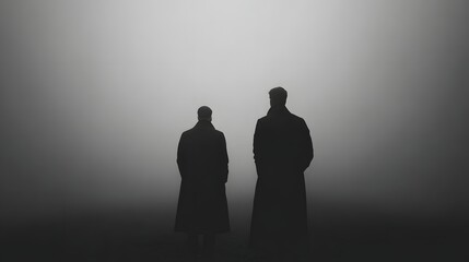 Two Silhouetted Figures Standing in a Mysterious Foggy Environment.
