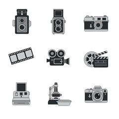 A collection of vintage and modern photography and filmmaking equipment icons, including cameras, film, and darkroom tools