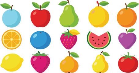Mega Set of Colorful Flat Design Fruits and Berries Icons Vector Illustration