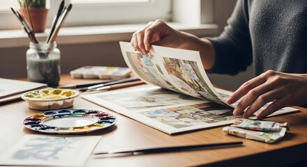 Person flipping through illustrated pages on a wooden desk with art supplies nearby and a window behind