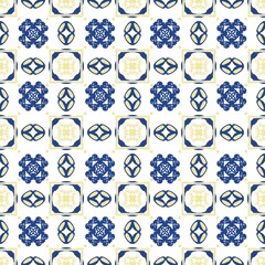 Seamless fabric pattern, Bohemian, yellow, white, geometric, antique, native american, blue background 