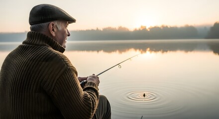 An older man fishing in a lake at sunrise wearing a cap and sweater holding a fishing rod calmly