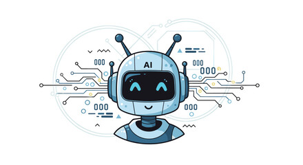 Obraz premium Cheerful cartoon robot with a friendly face and digital circuits, a symbol of artificial intelligence and technological advancement.
