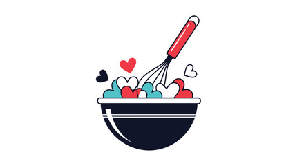 Mixing hearts in a bowl with a whisk illustration for a Valentine's Day card, love and baking themes, or a sweet cooking concept.