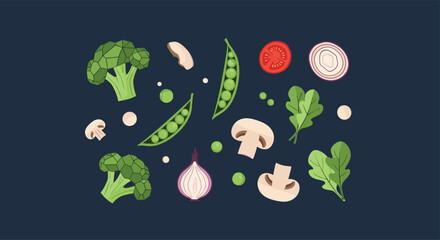 Fresh vegetarian assortment of vegetables and mushrooms against a dark background for healthy eating and dietary considerations.