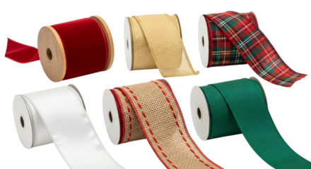 Six spools of colorful ribbons, including red velvet, gold, plaid, white satin, burlap, and green, for crafts and gift wrapping, isolated on transparent background