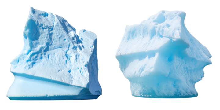 Two Iceberg Chunks Against Transparent Background Displaying Blue Hues And Rough Texture