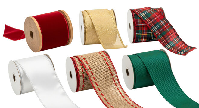 Six spools of colorful ribbons, including red velvet, gold, plaid, white satin, burlap, and green, for crafts and gift wrapping, isolated on transparent background
