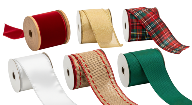 Six spools of colorful ribbons, including red velvet, gold, plaid, white satin, burlap, and green, for crafts and gift wrapping, isolated on transparent background