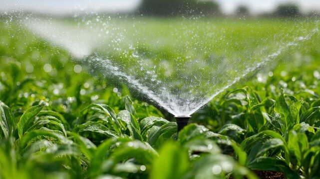 Close-up of a modern irrigation sprinkler watering lush green crops in a vibrant agricultural field under a bright sky.