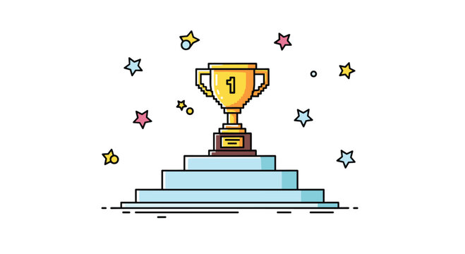 A digital art illustration features a golden trophy with the number one on a light blue, stepped pedestal surrounded by colorful stars.