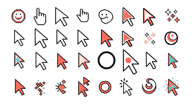 Collection of retro pixelated computer cursor icons with a 90s graphic design style, ideal for use in vintage interfaces and gaming projects.