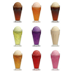 An assortment of colorful ice cream soda floats in tall glasses, showcasing a variety of classic sweet dessert flavors isolated on a white background