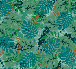 Flat design, vector illustration, seamless pattern of densely overlapping jungle leaves in a hand drawn wacky cute style. Shades of green, rainforest wallpaper