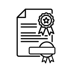 Black and white line icon representing a certificate document with a quality seal or award ribbon attached, isolated on