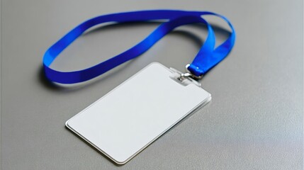 Blank identification card on a blue lanyard, providing a template for custom branding, corporate access, attendance tracking, and event security protocols